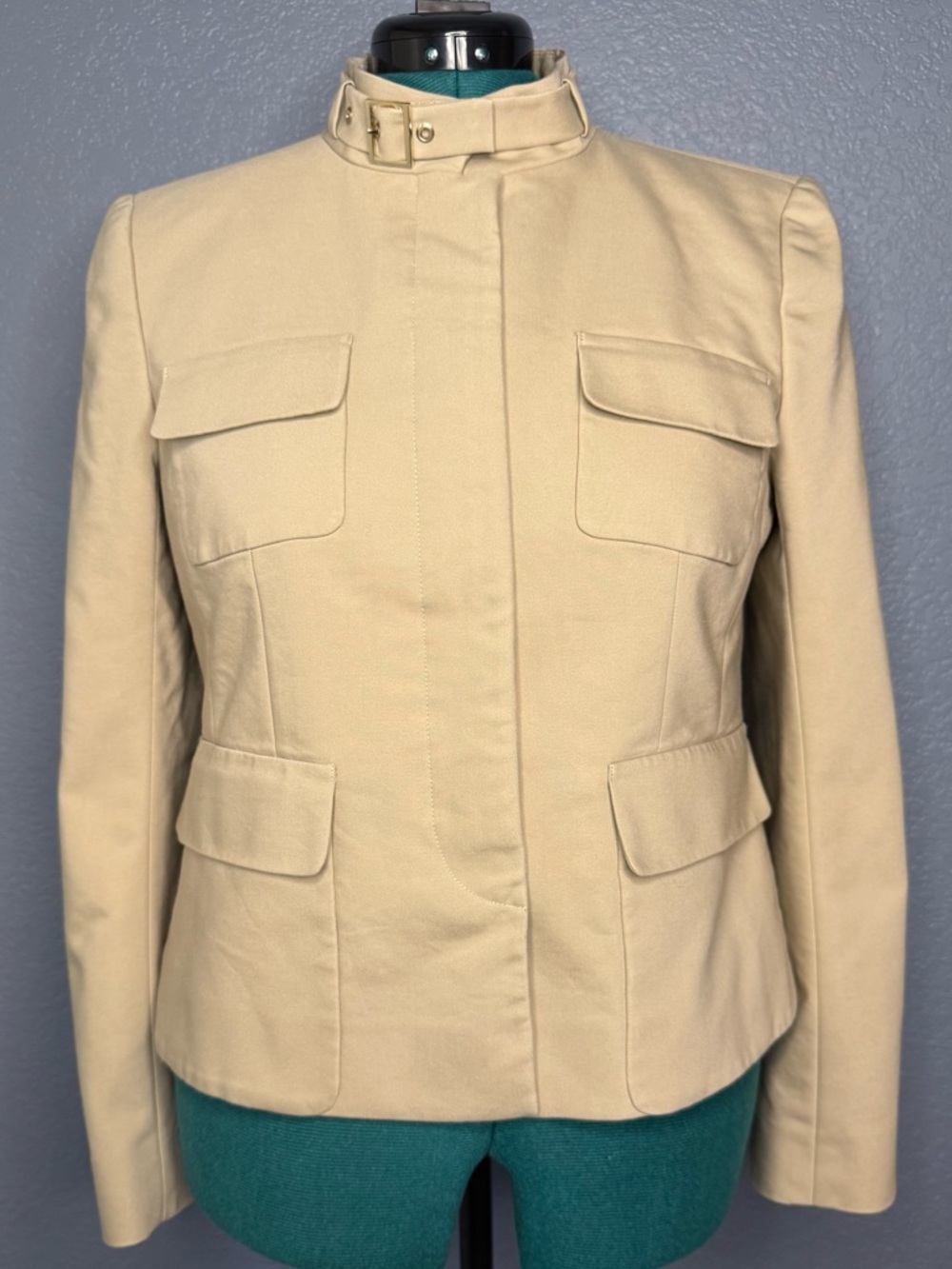 Ann Taylor Cream Utility Jacket Buckle Neck Size 12 Tailored Lightweight - Picture 2 of 16